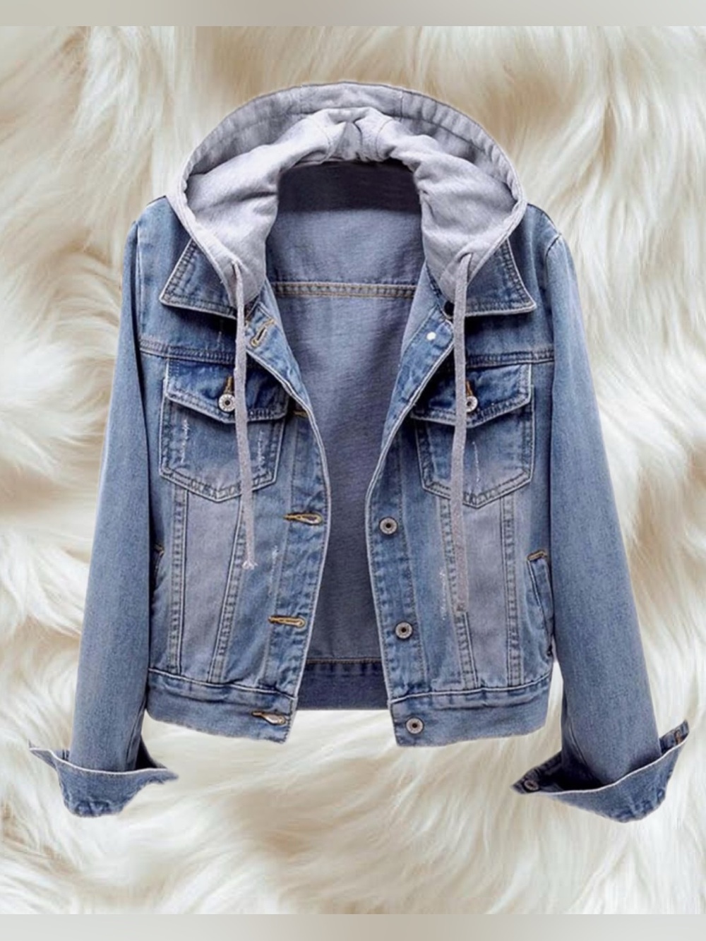 Light Blue NWT Distressed Cropped Denim Jacket with Grey Detachable Hoodie